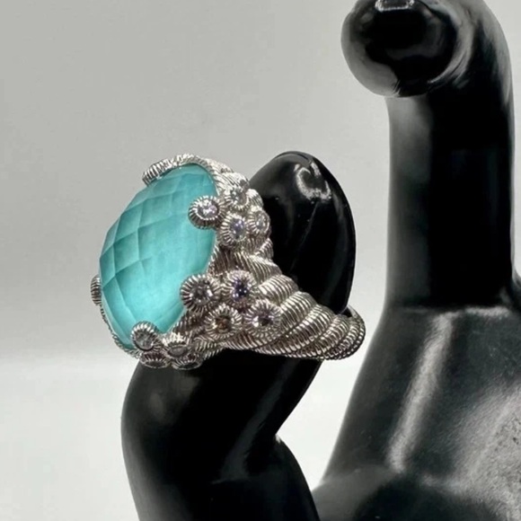 Judith Ripka Sterling Oval Turquoise and Quartz Doublet Cocktail Ring 5.75 - Picture 6 of 16